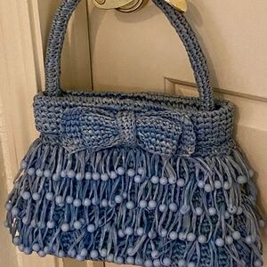 Vintage Made in Japan Beaded Raffia Handbag Blue